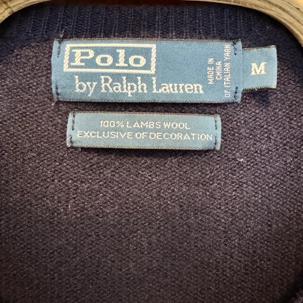 Vintage Polo Ralph Lauren V-Neck Sweater M Navy Blue 100% Lambswool Pony Preppy‎